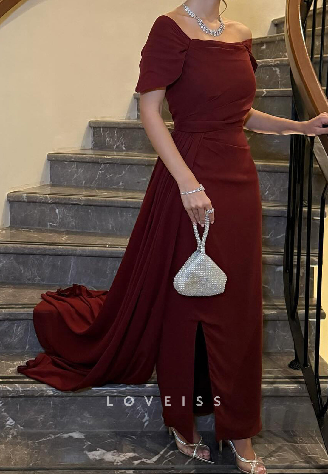 Off-Shoulder Cap Sleeves Sheath Evening Dress