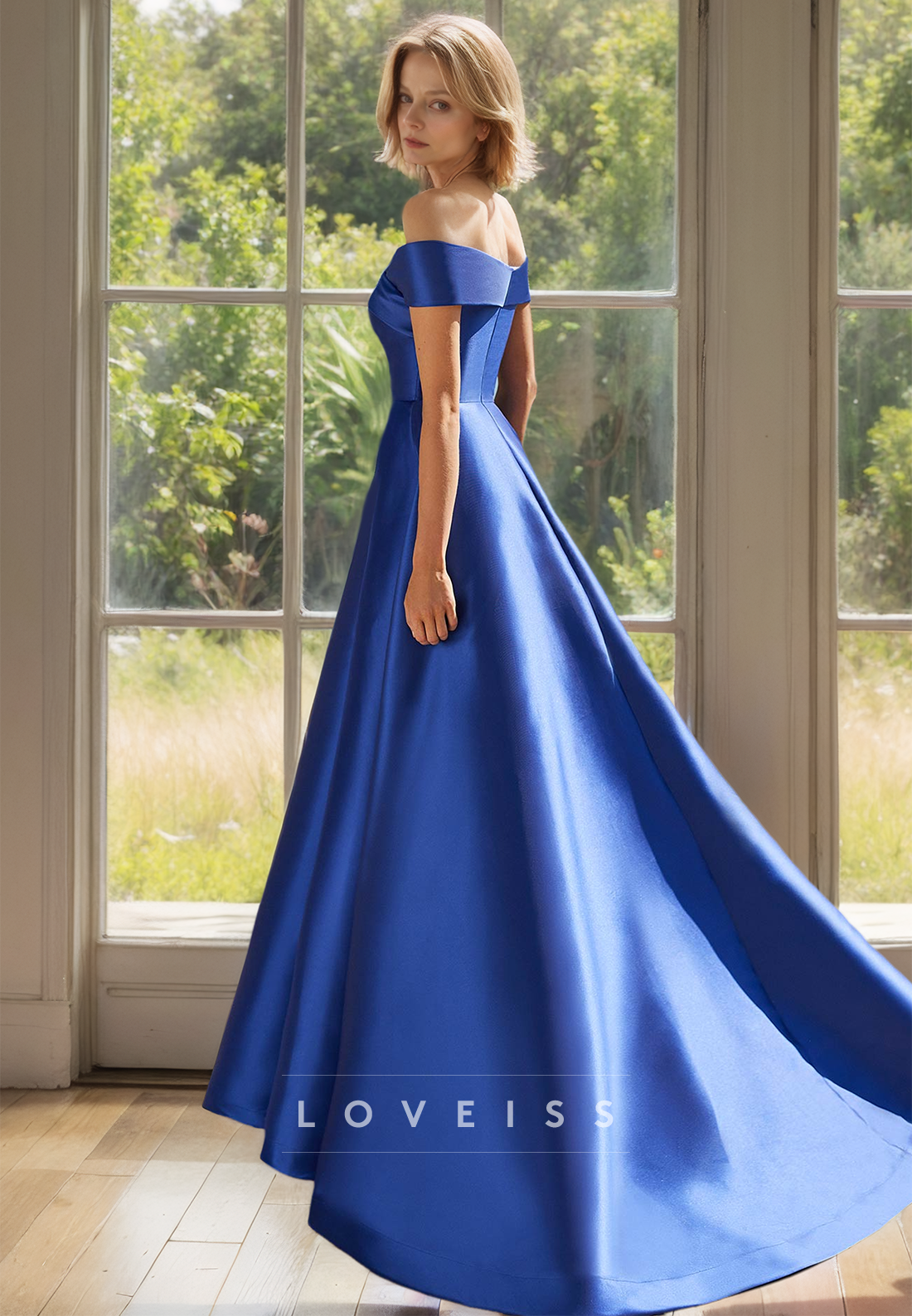 Off-Shoulder Cap Sleeves Side Slit Sleek Satin A-Line Mother of Bride Dress