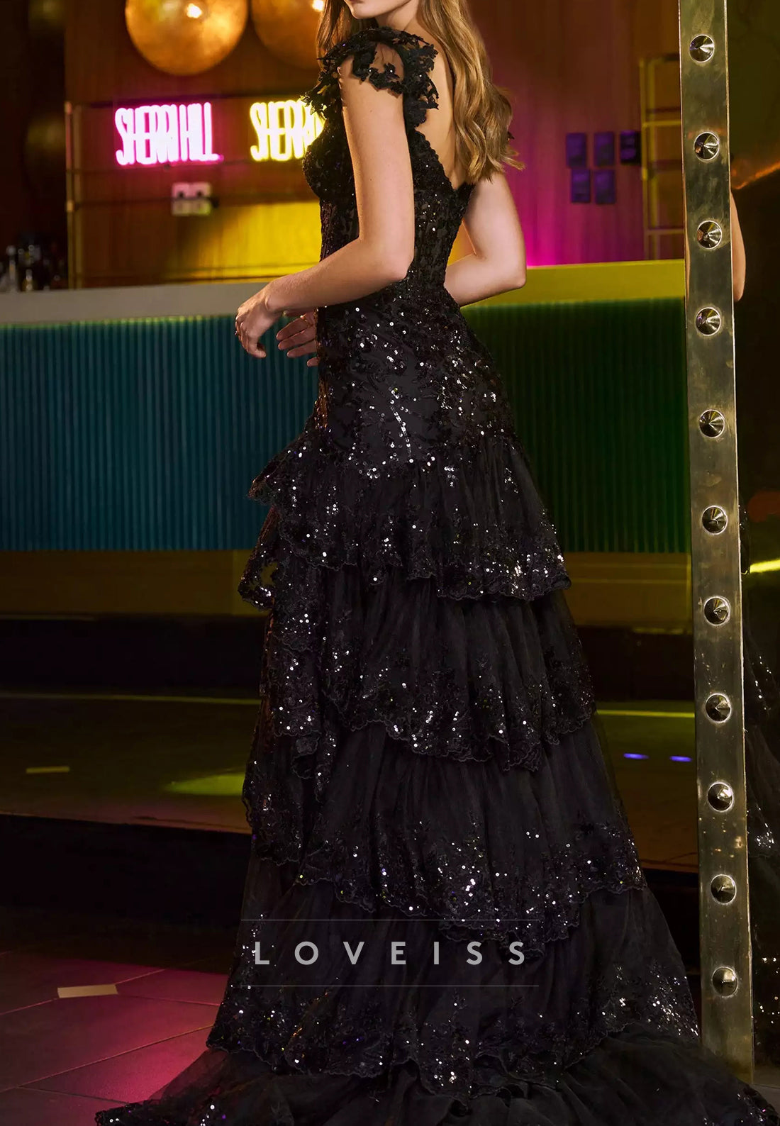 Off-Shoulder Cap Sleeves Tiered Sequins Appliques A-Line Prom Dress