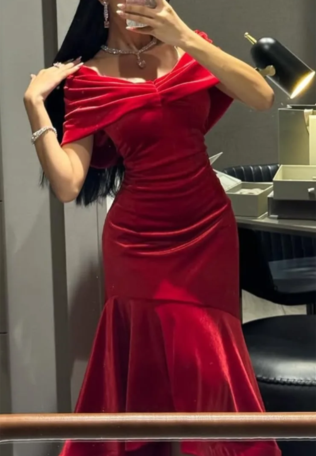 Off-Shoulder Cap Sleeves Velvet Ruffled Mermaid Evening Dress