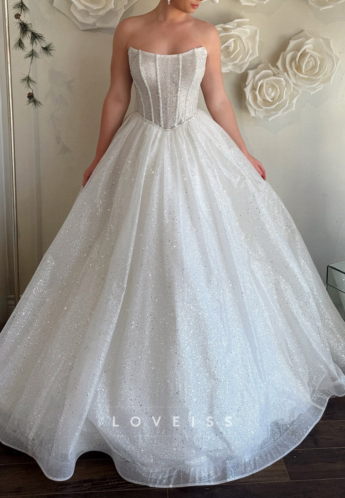 Off-Shoulder Corset Sparkly Ball Gown Wedding Dress