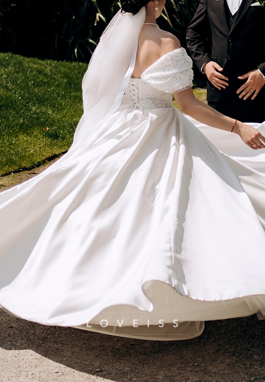 Off-Shoulder Empire Waist Sequins Satin Wedding Dress