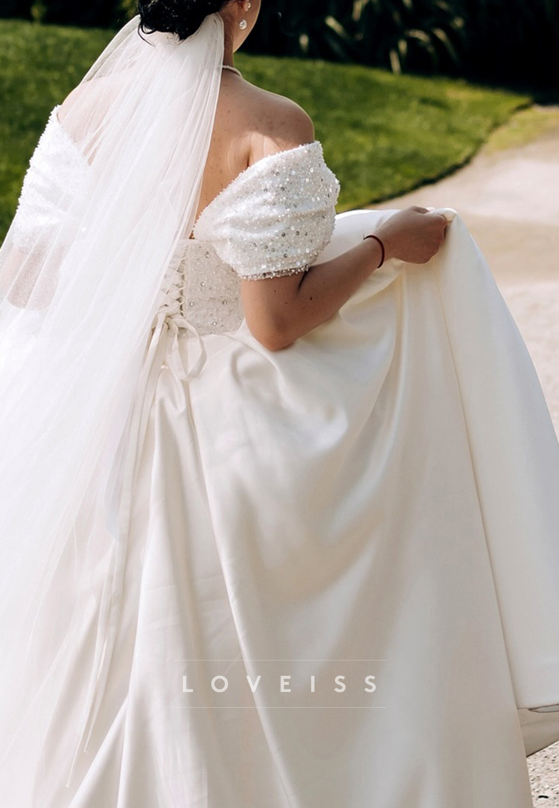 Off-Shoulder Empire Waist Sequins Satin Wedding Dress