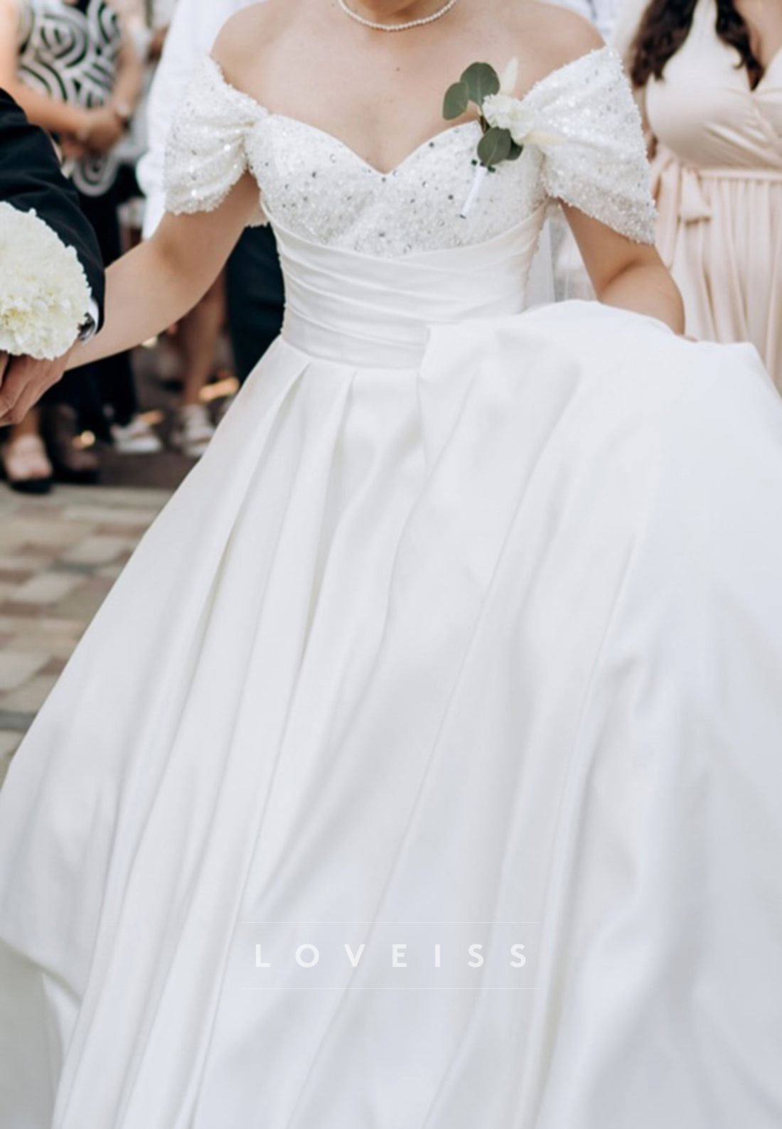 Off-Shoulder Empire Waist Sequins Satin Wedding Dress
