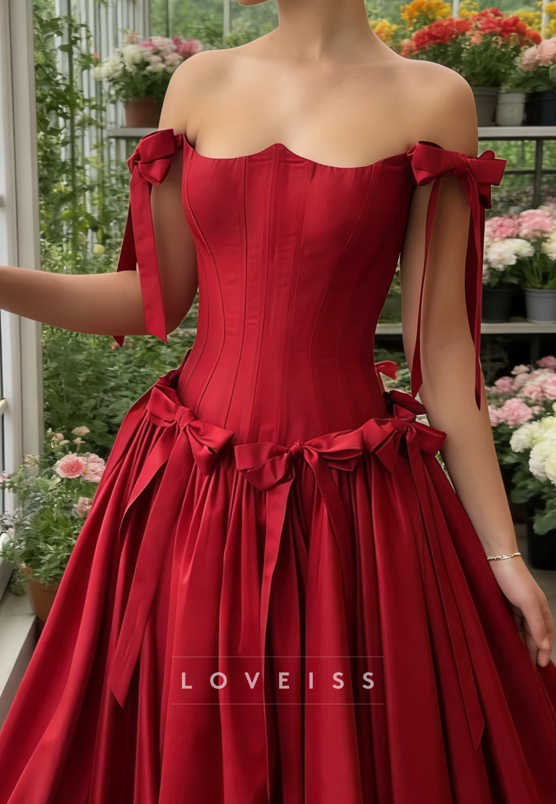 Off-Shoulder Evening Dress Satin Sleeveless A-Line Red Prom Dress
