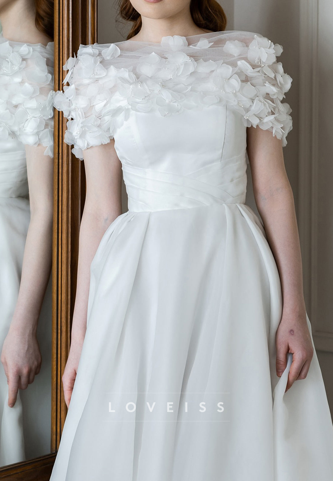 Off-Shoulder Floral Appliques A-Line Satin Wedding Dress