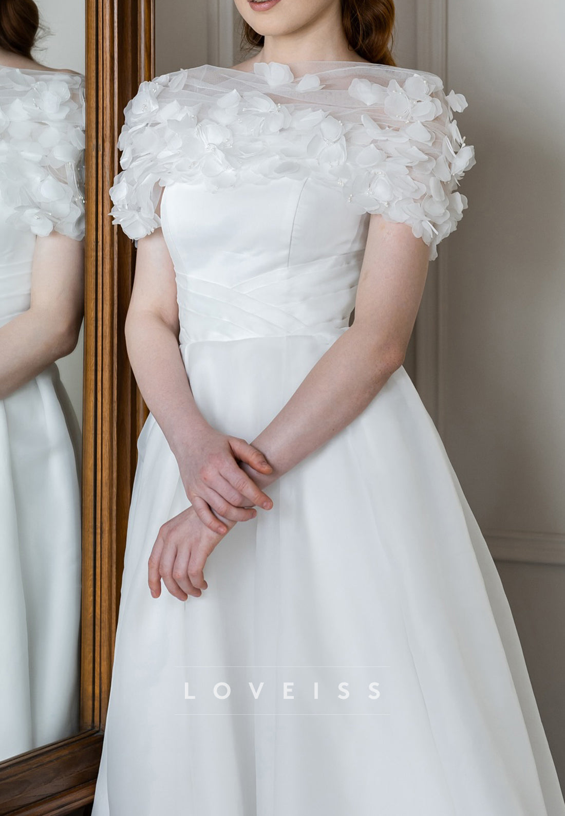 Off-Shoulder Floral Appliques A-Line Satin Wedding Dress