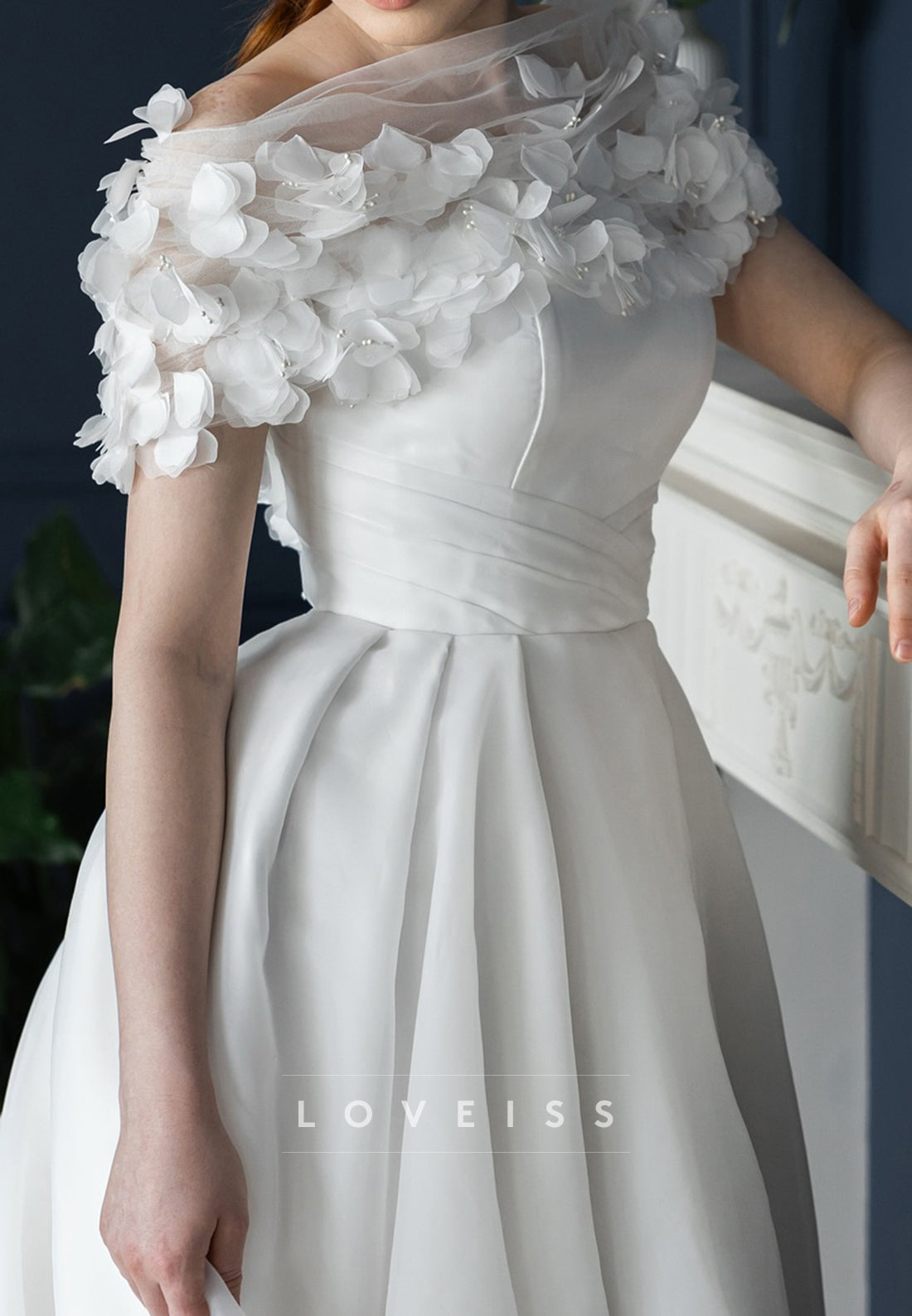 Off-Shoulder Floral Appliques A-Line Satin Wedding Dress
