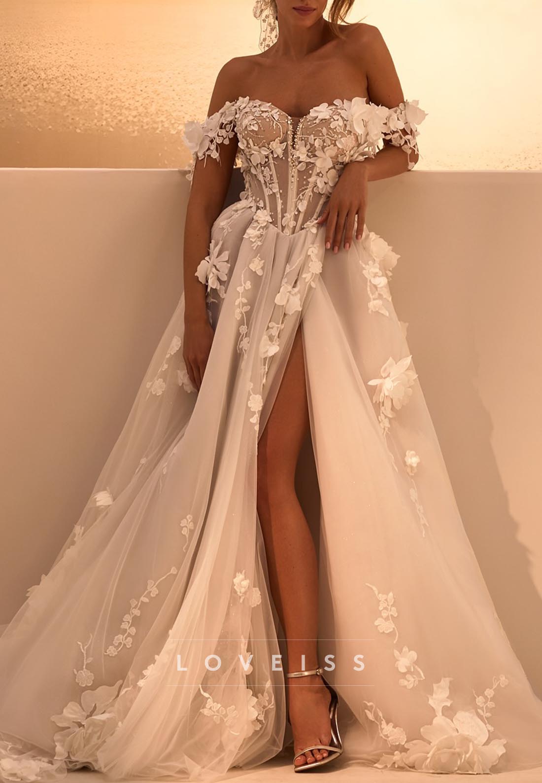 Off-Shoulder Floral Appliques A-Line Wedding Dress