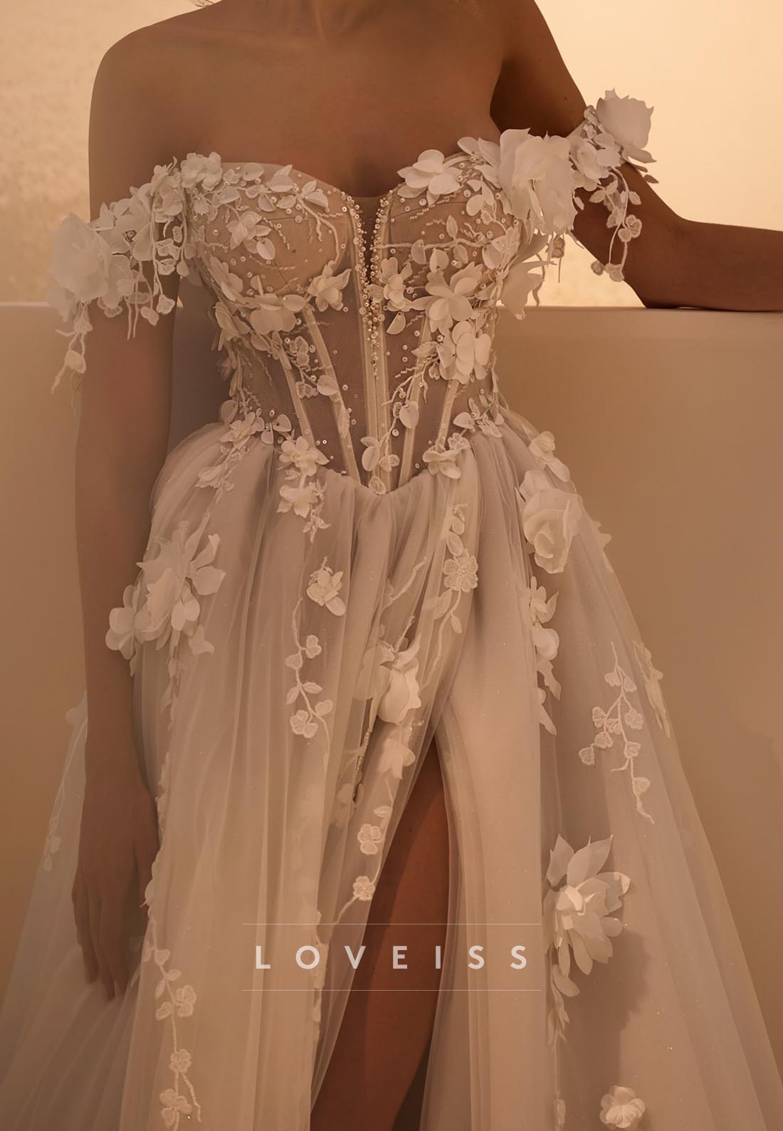 Off-Shoulder Floral Appliques A-Line Wedding Dress
