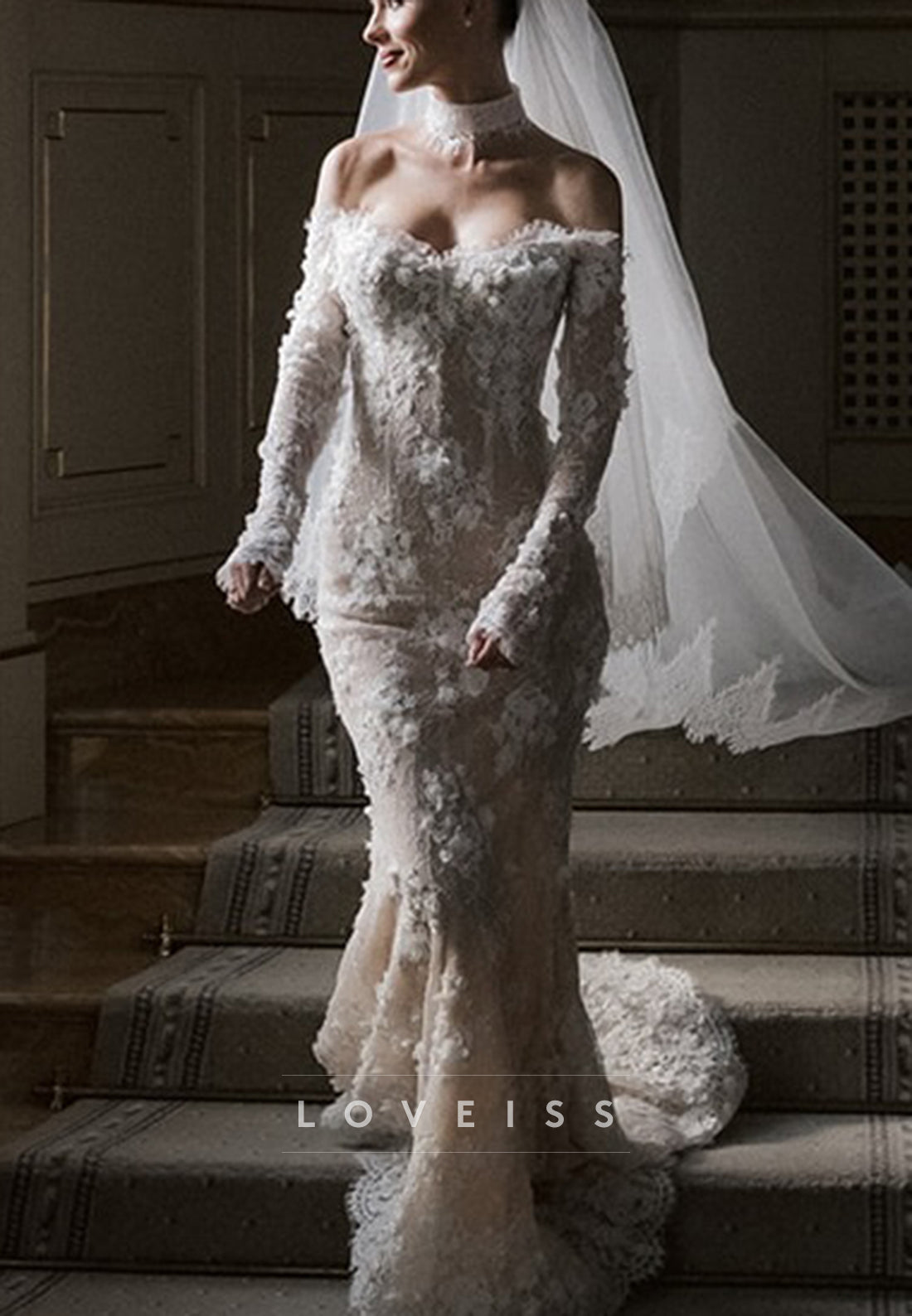 Off-Shoulder Floral Appliques Long Sleeves Mermaid Wedding Dress