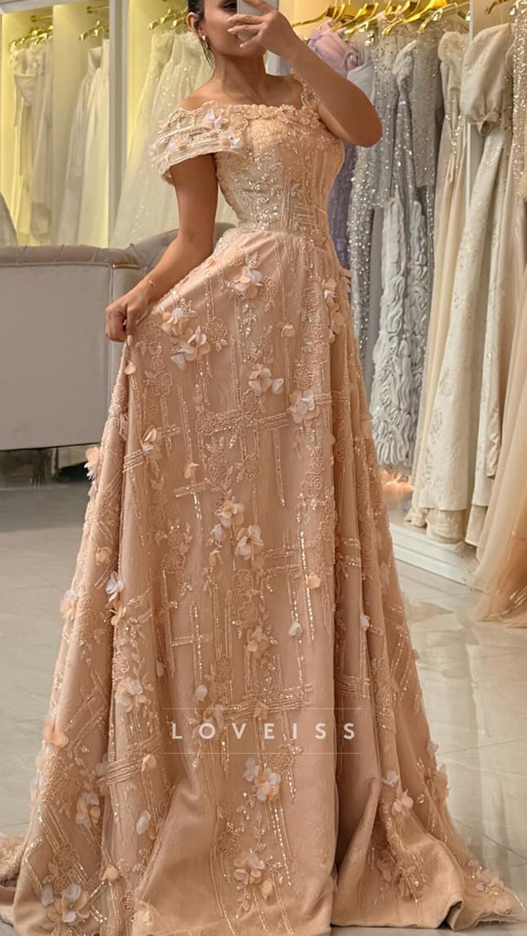 Off-Shoulder Floral Embellished A-Line Prom Dress