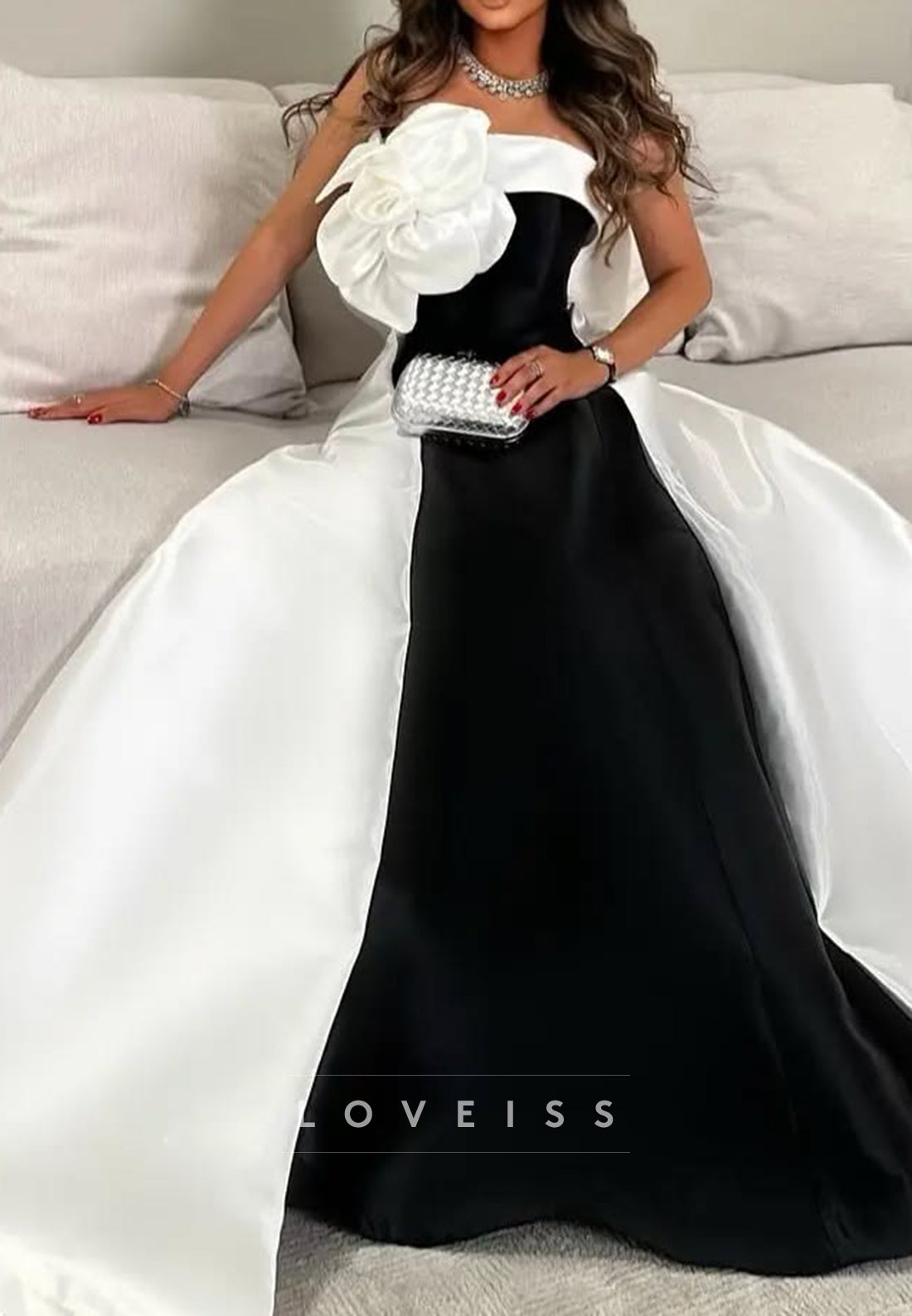 Off-Shoulder Floral Embellished Satin A-Line Prom Dress