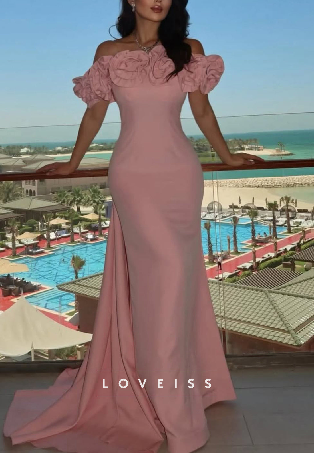 Off-Shoulder Floral Embellished Sleek Mermaid Evening Dress