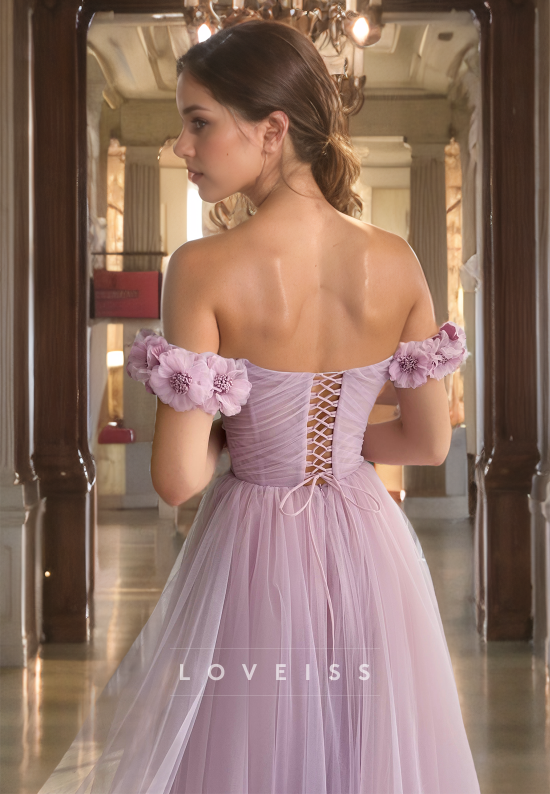 Off-Shoulder Floral Embellished Tille A-Line Prom Dress