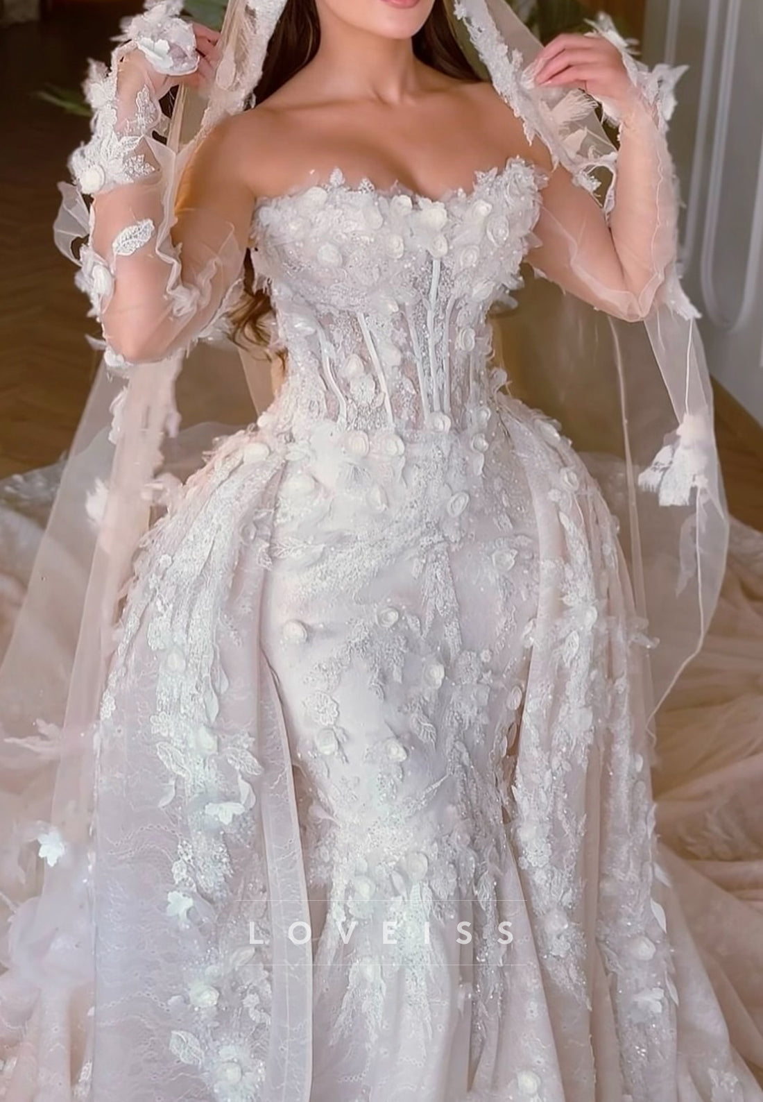 Off-Shoulder Floral Lace Appliques Fitted Mermaid Wedding Dress
