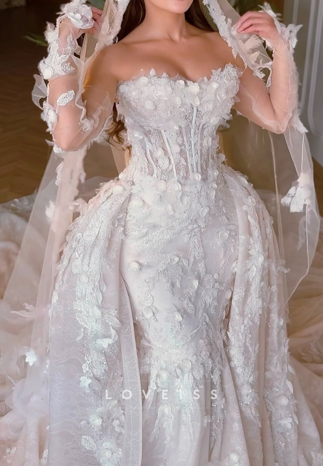 Off-Shoulder Floral Lace Appliques Fitted Mermaid Wedding Dress