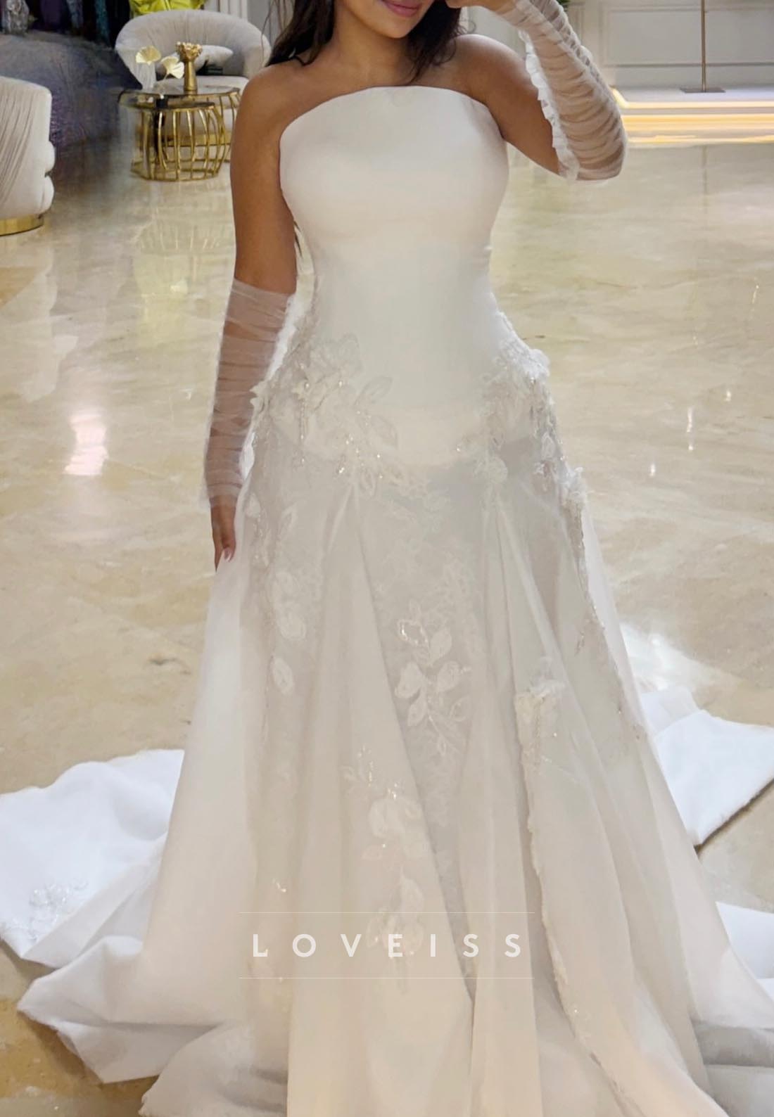 Off-Shoulder Floral Pleated A-Line Long Wedding Dress