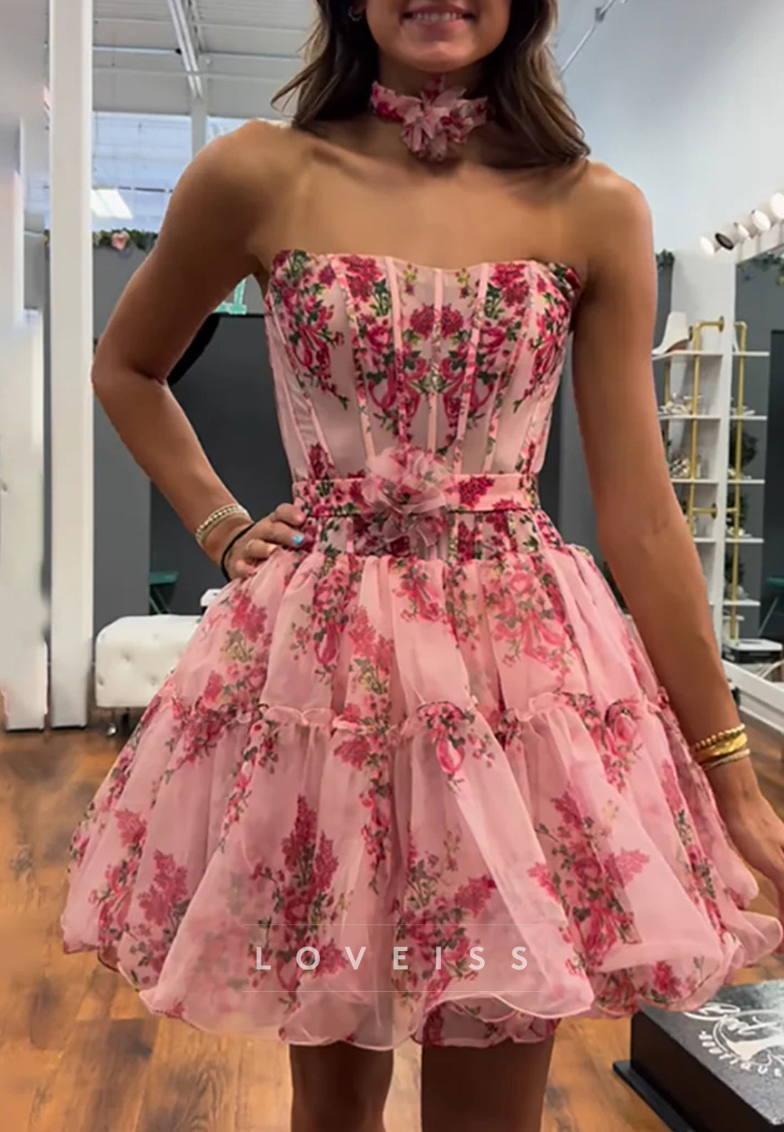 floral print homecoming dress Rachel Allan 40814 Floral Print Homecoming Dress
