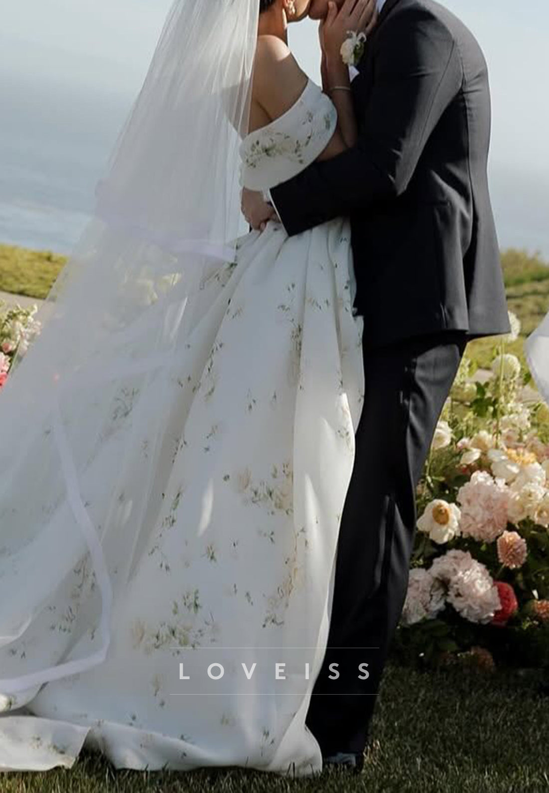 Off-Shoulder Floral Printed A-Line Wedding Dress