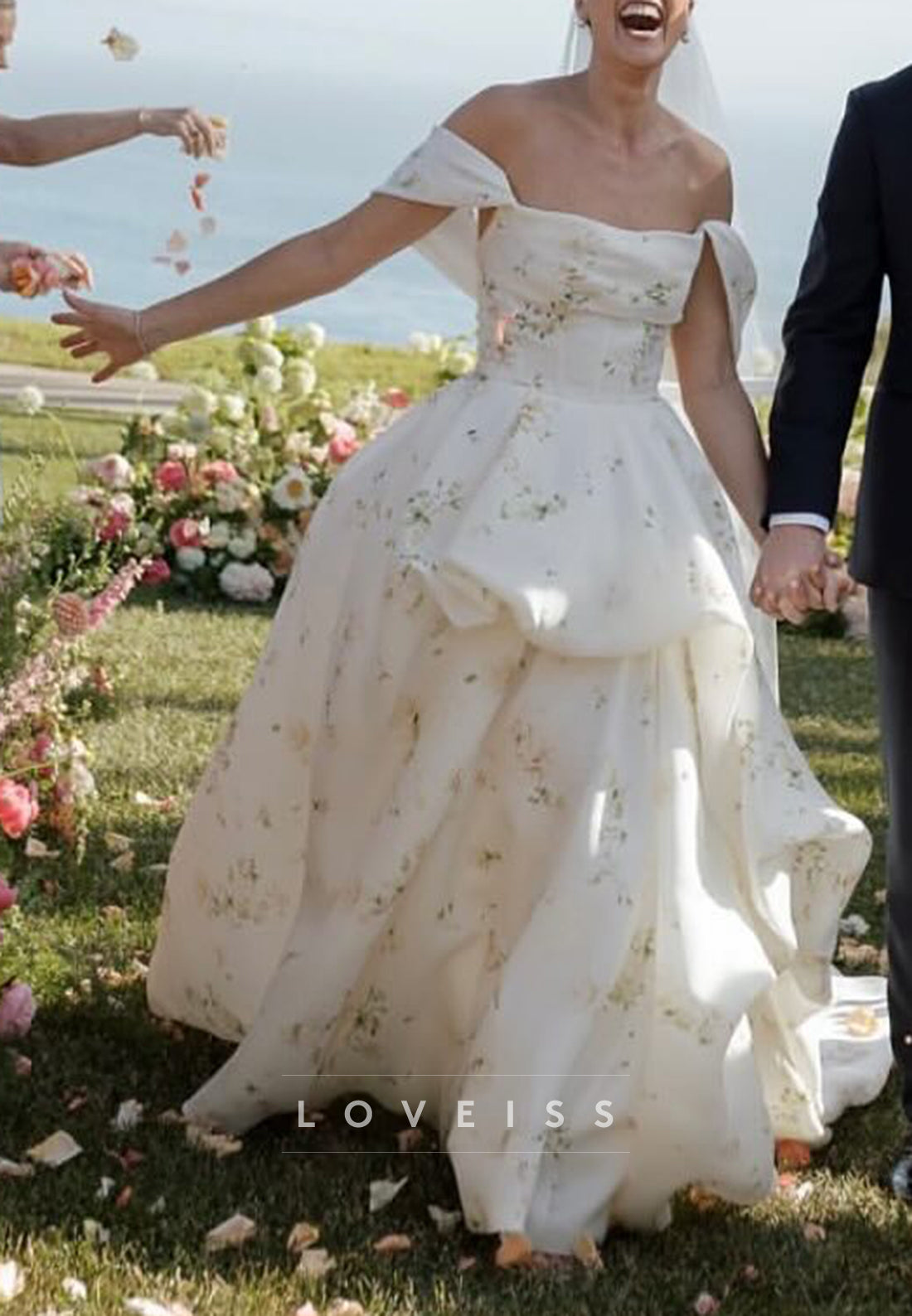 Off-Shoulder Floral Printed A-Line Wedding Dress