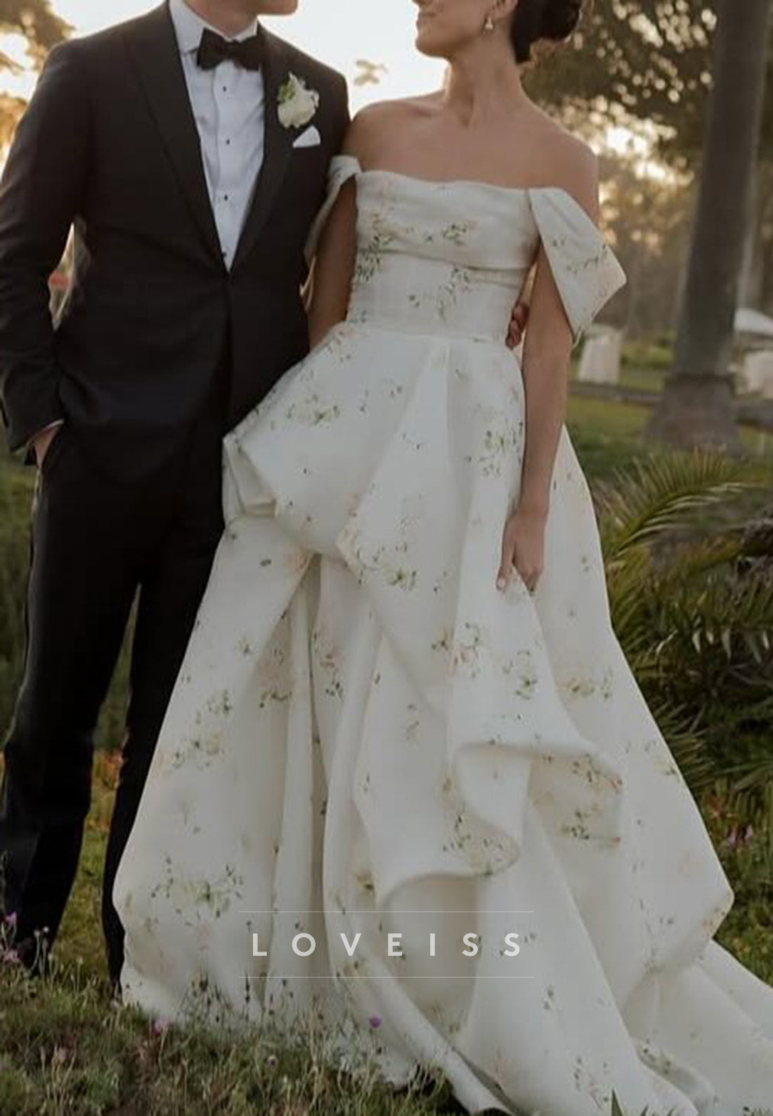 Off-Shoulder Floral Printed A-Line Wedding Dress