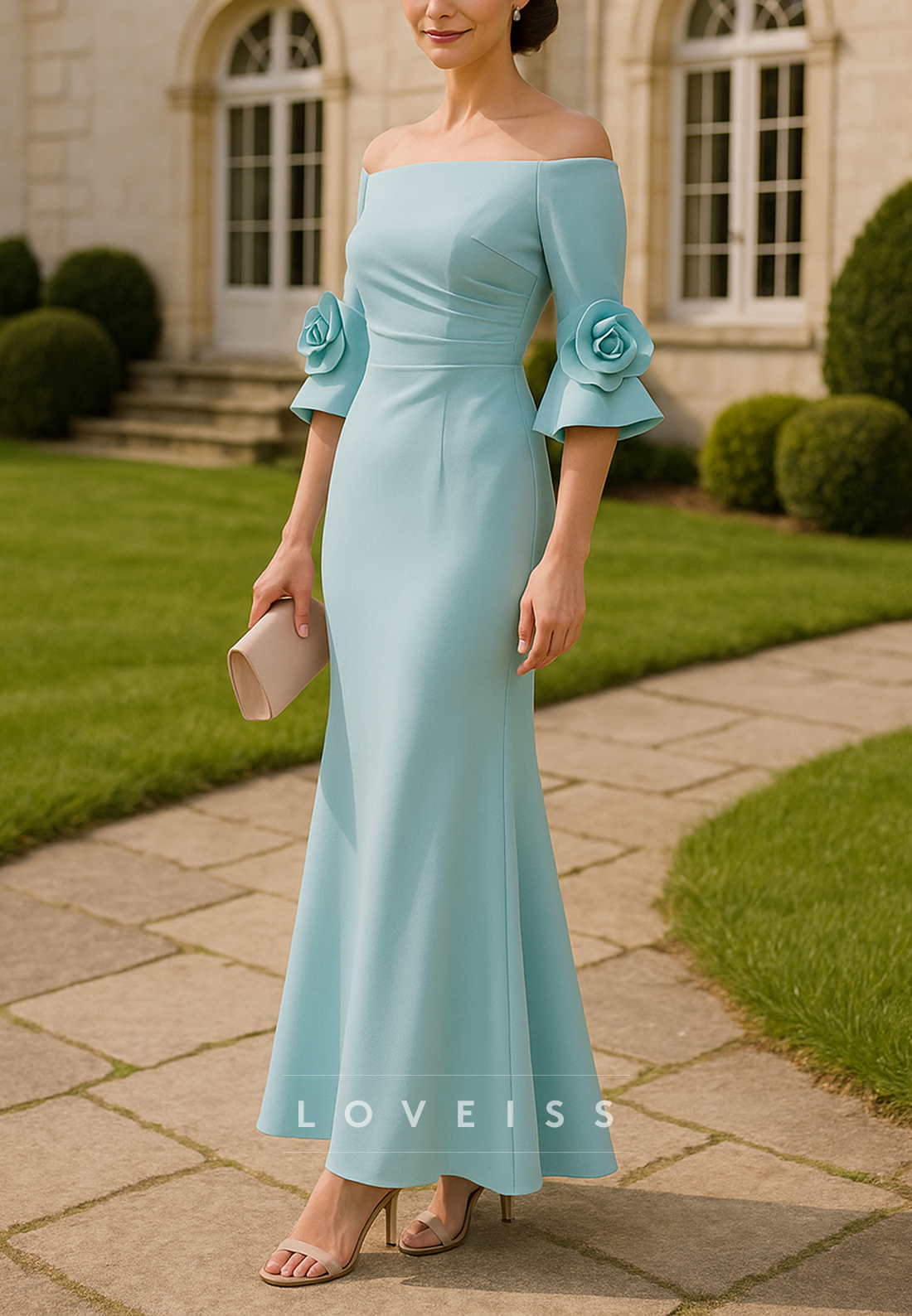 Off-Shoulder Half Sleeves 3D Floral Mermaid Mother of Bride Dress