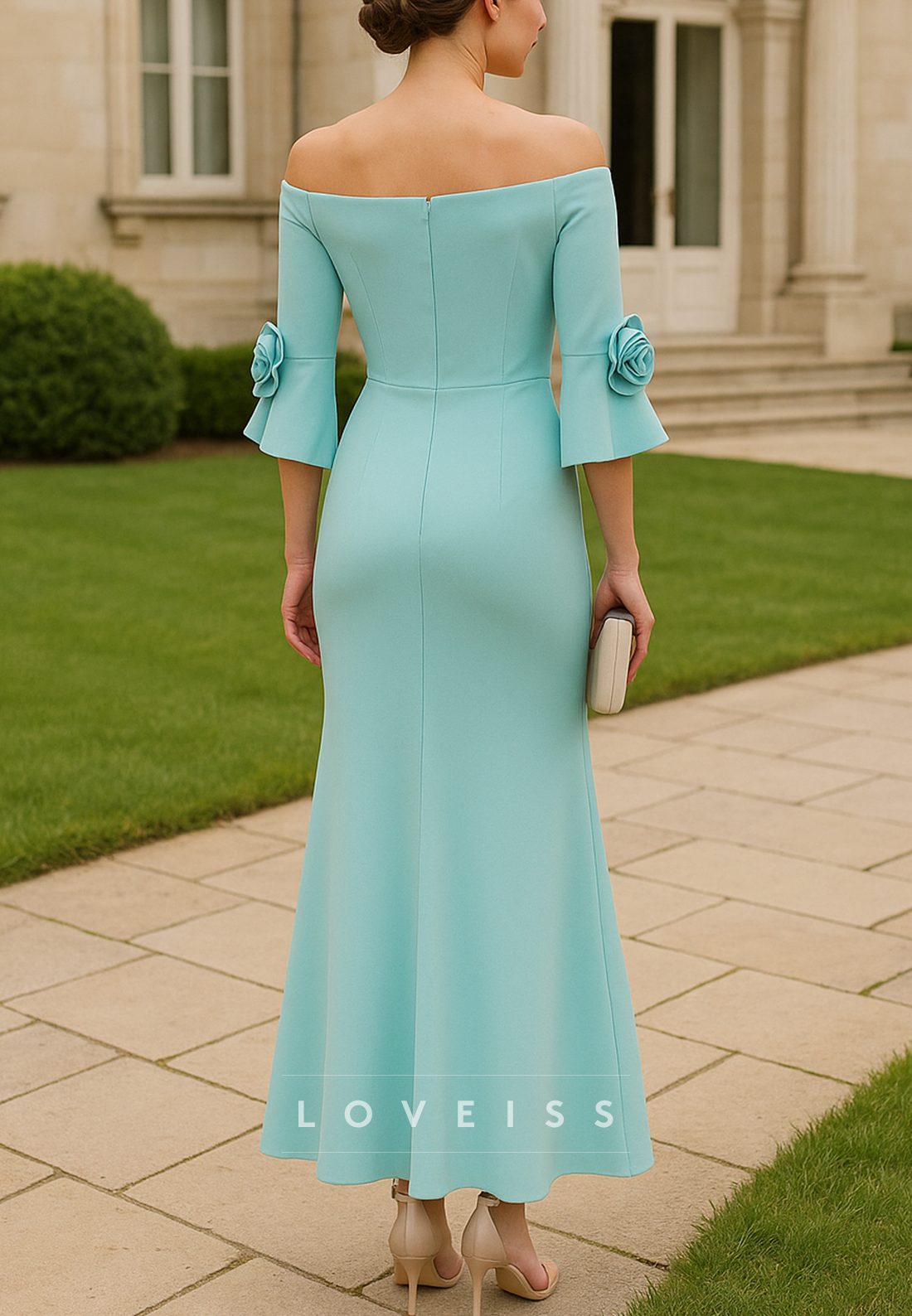 Off-Shoulder Half Sleeves 3D Floral Mermaid Mother of Bride Dress