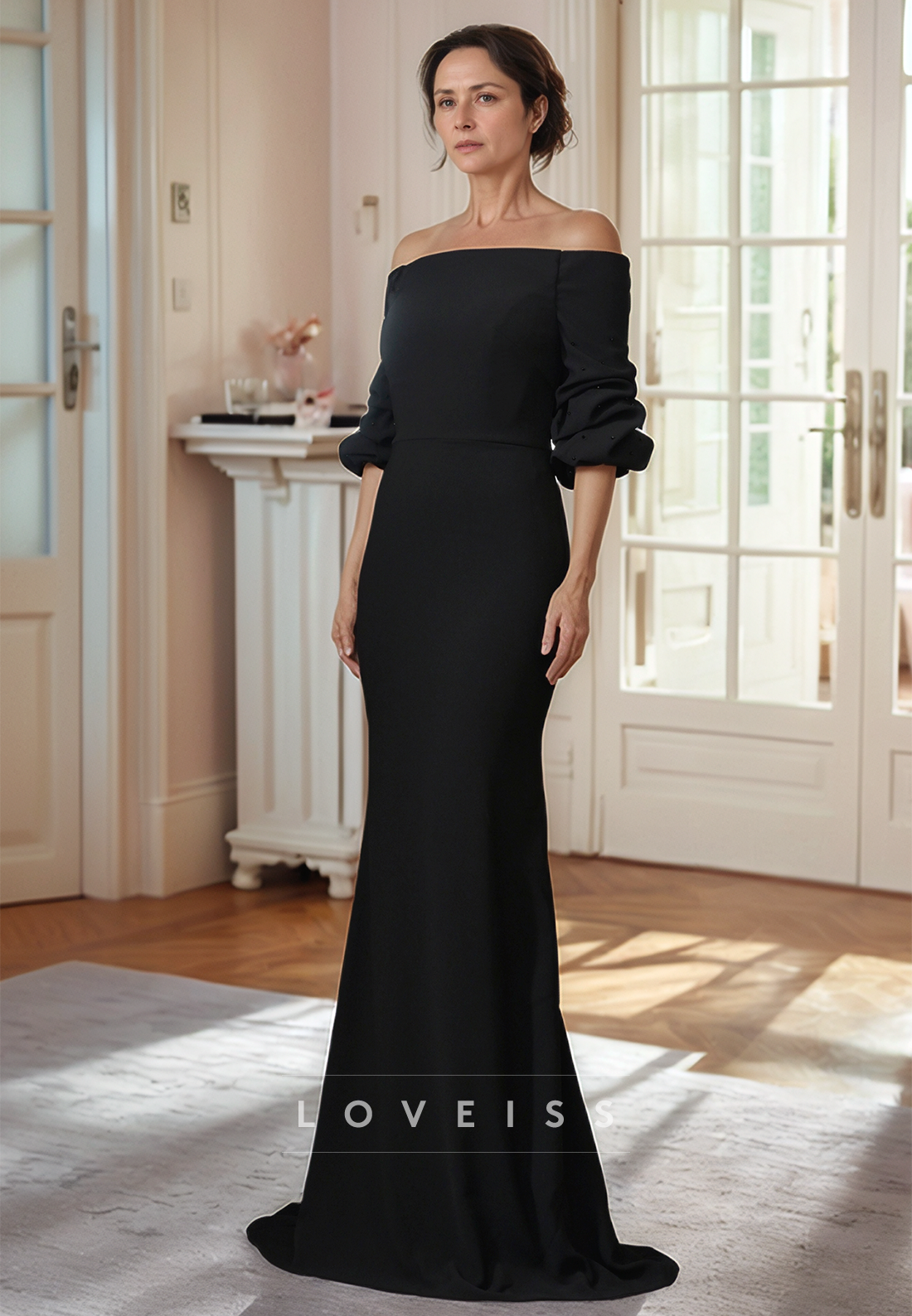 Off-Shoulder Half Sleeves Sleek Mermaid Mother of Brider Dress
