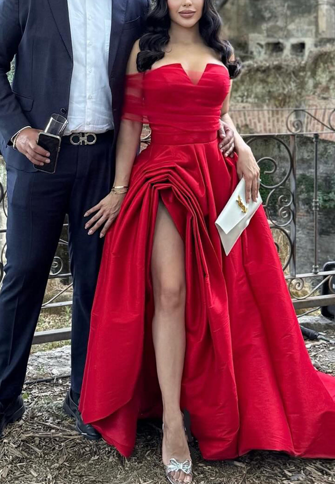 Off-Shoulder High Slit Ruched A-Line Evening Dress