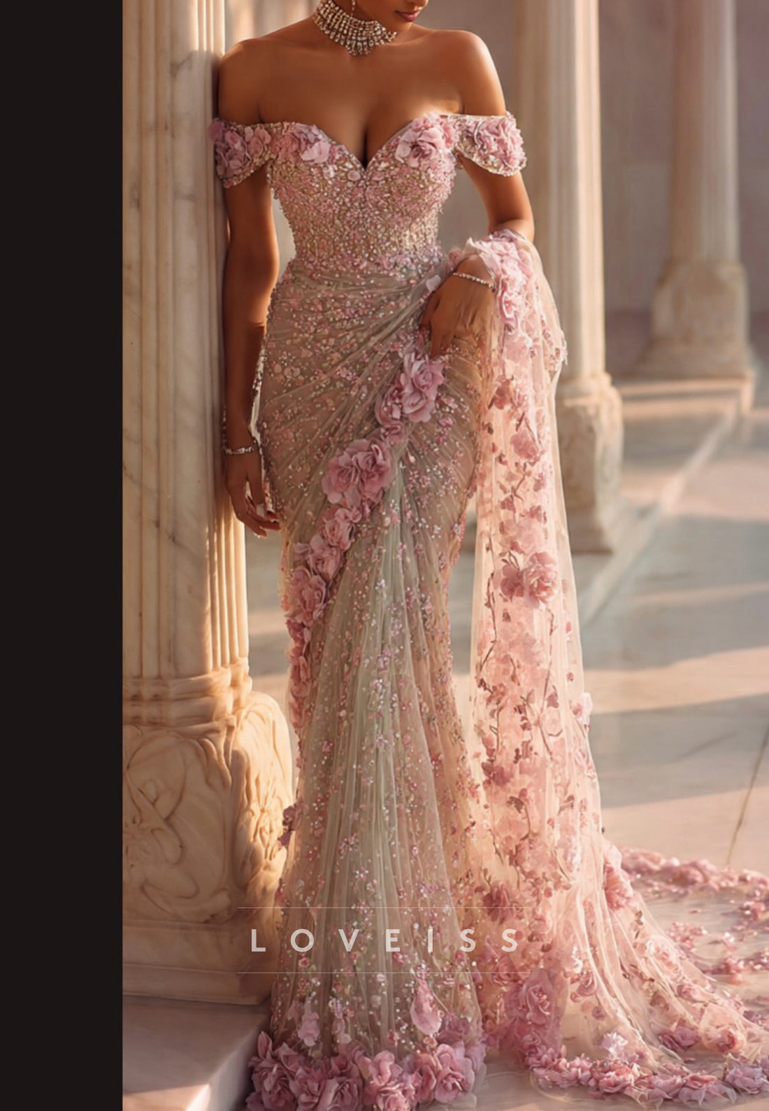 Off-Shoulder Lace Appliques Floral Mermaid Eveniing Dress