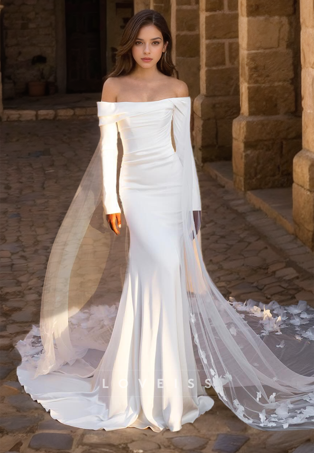 Off-Shoulder Long Sleeveless Sleek Mermaid Wedding Dress