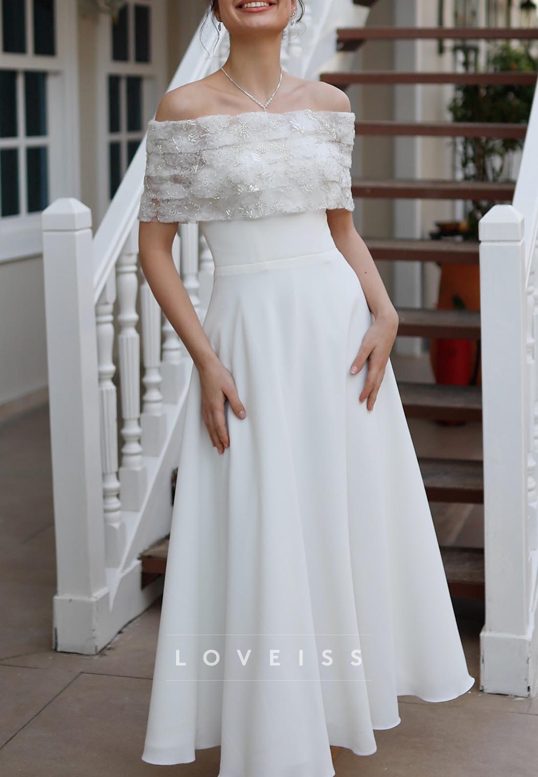 Off-Shoulder Long Sleeves Appliques A-Line Midi Wedding Dress