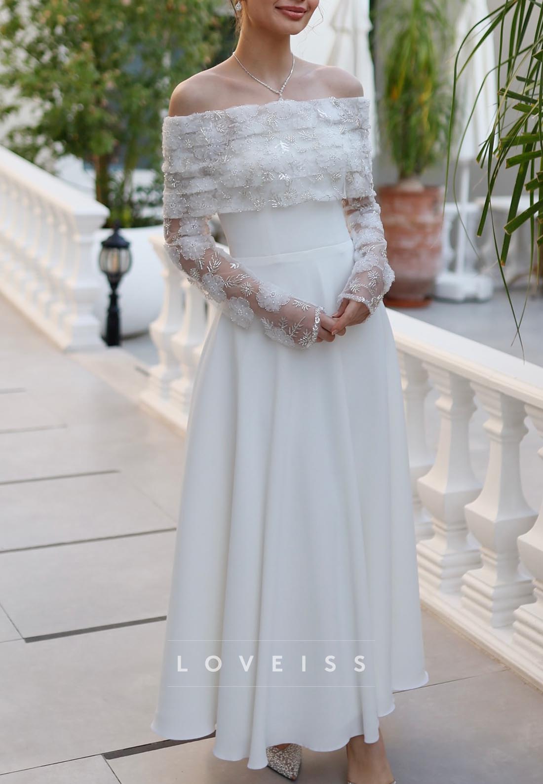 Off-Shoulder Long Sleeves Appliques A-Line Midi Wedding Dress