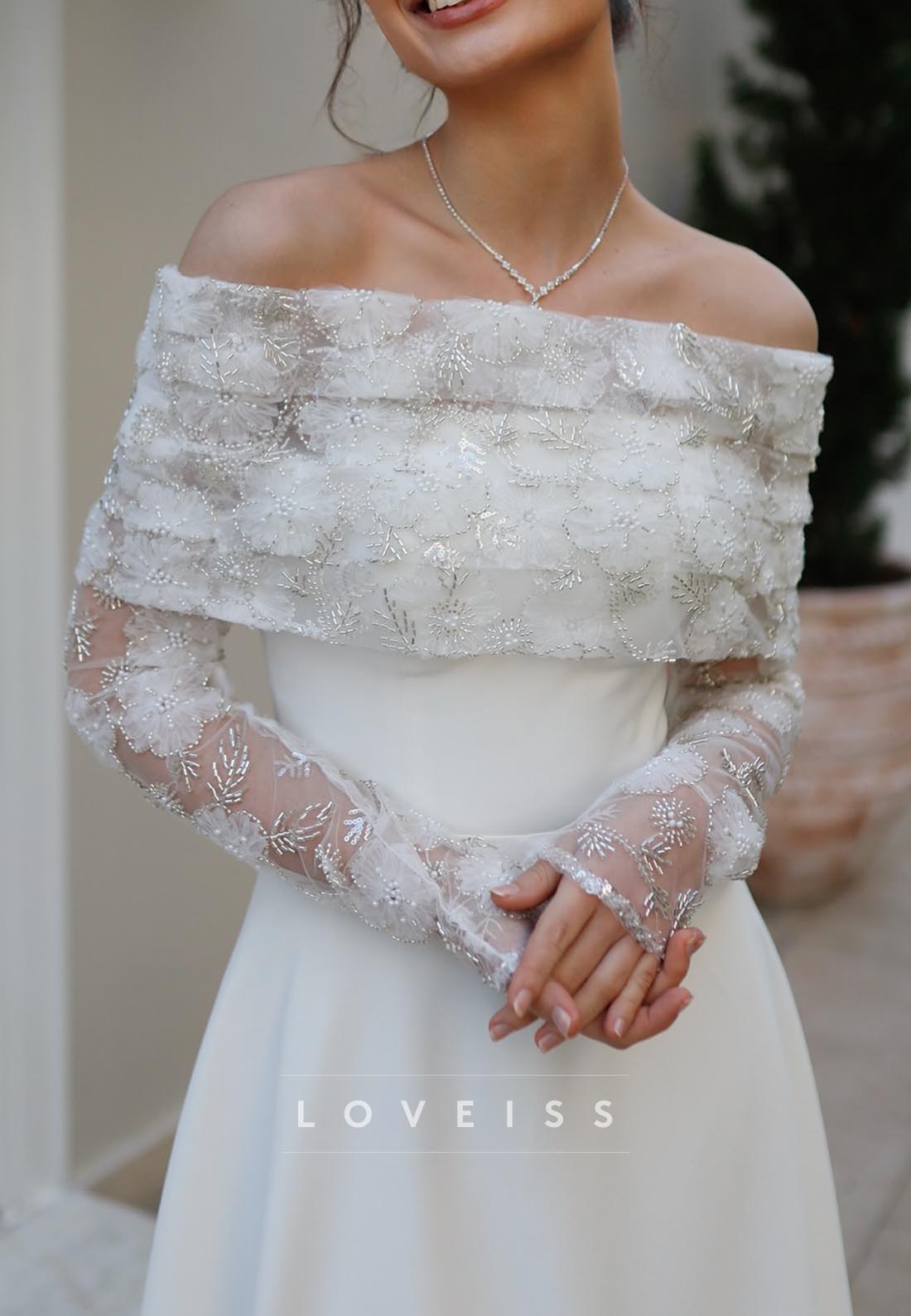 Off-Shoulder Long Sleeves Appliques A-Line Midi Wedding Dress
