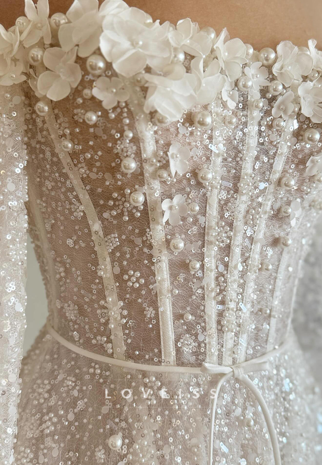 Off-Shoulder Long Sleeves Appliques Floral Embellished A-Line Wedding Dress