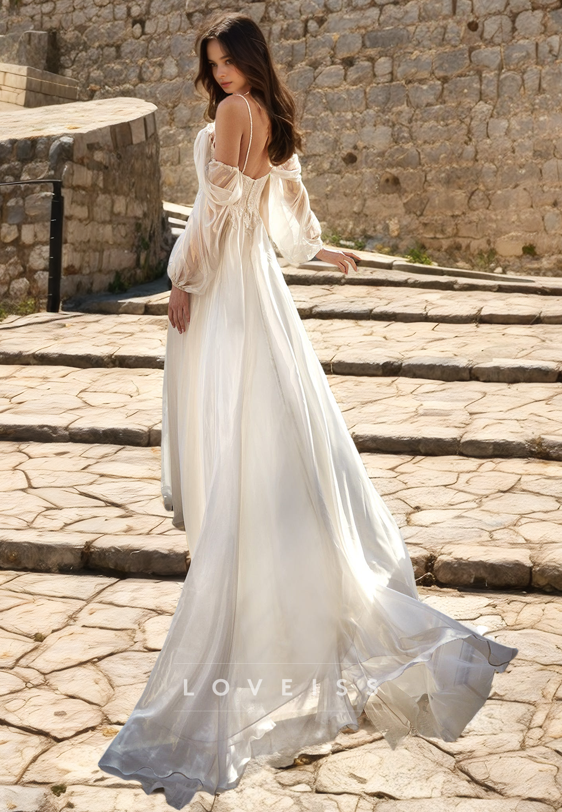 Off-Shoulder Long Sleeves Appliques High Slit Pleated A-Line Wedding Dress