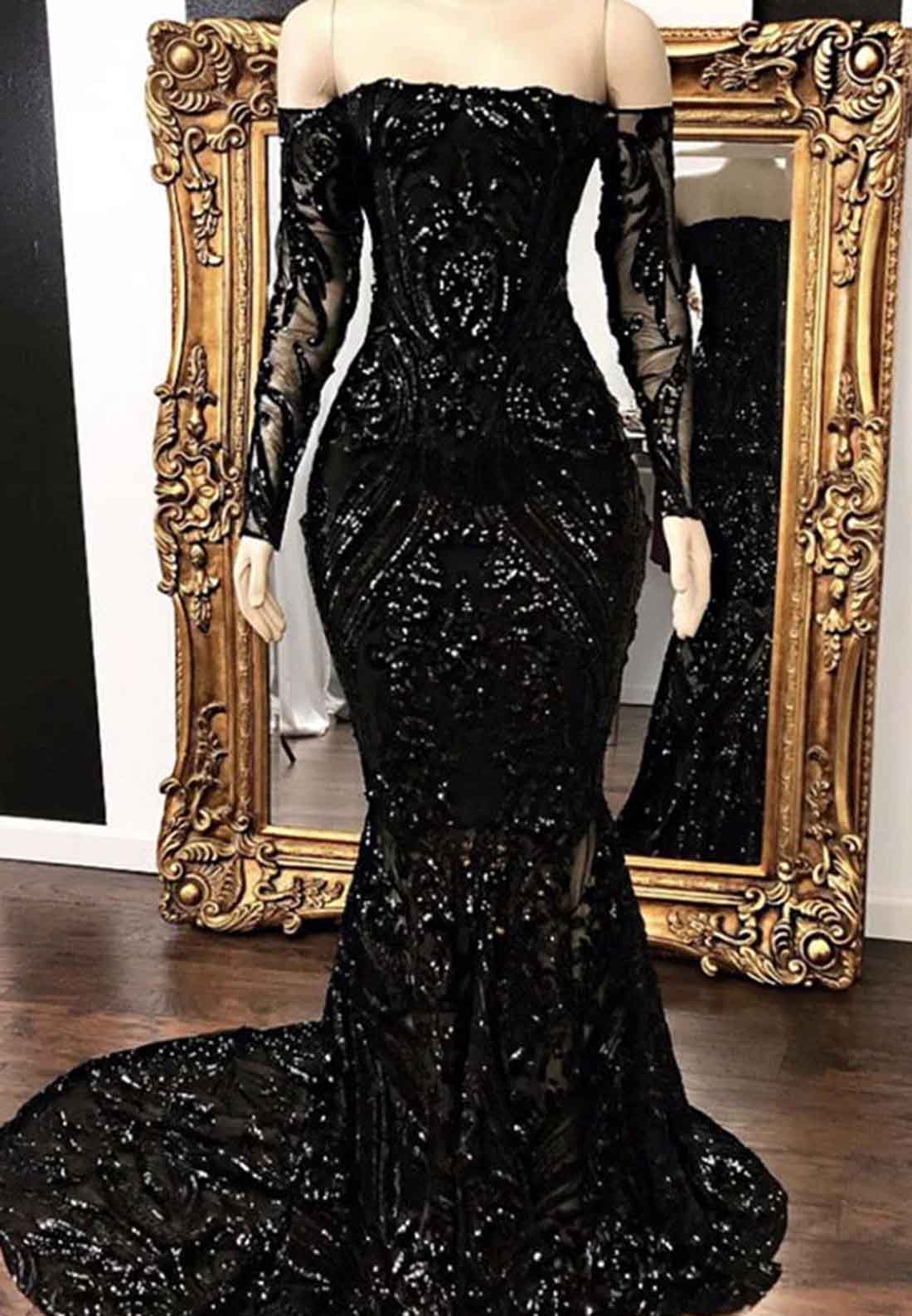 Off-Shoulder Long Sleeves Appliques Mermaid Prom Dress for Black Girls