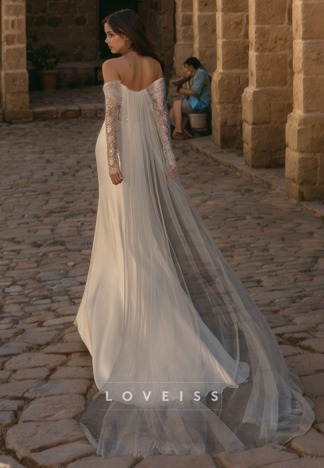 Off-Shoulder Long Sleeves Appliques Mermaid Wedding Dress