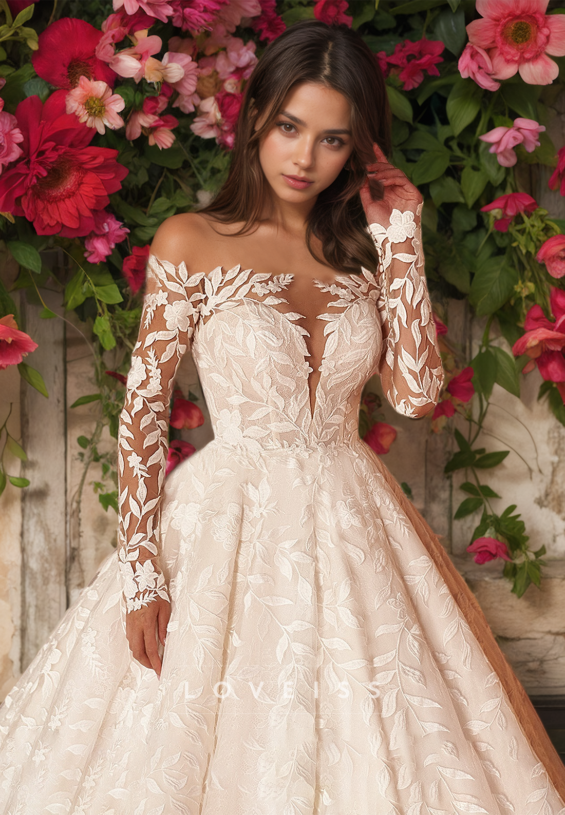 Off-Shoulder Long Sleeves Appliques Pleated A-Line Wedding Dress