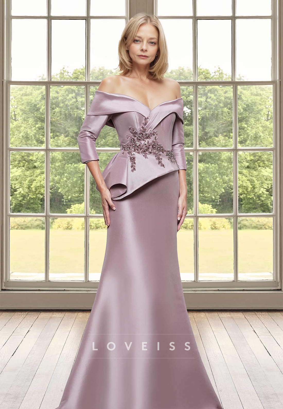 Off-Shoulder Long Sleeves Appliques Ruffled Mermaid Satin Mother of Bride Dress
