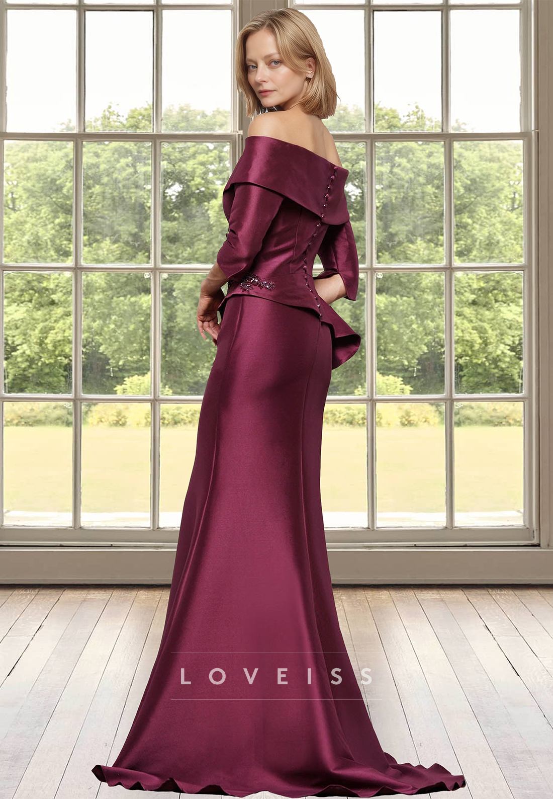 Off-Shoulder Long Sleeves Appliques Ruffled Mermaid Satin Mother of Bride Dress