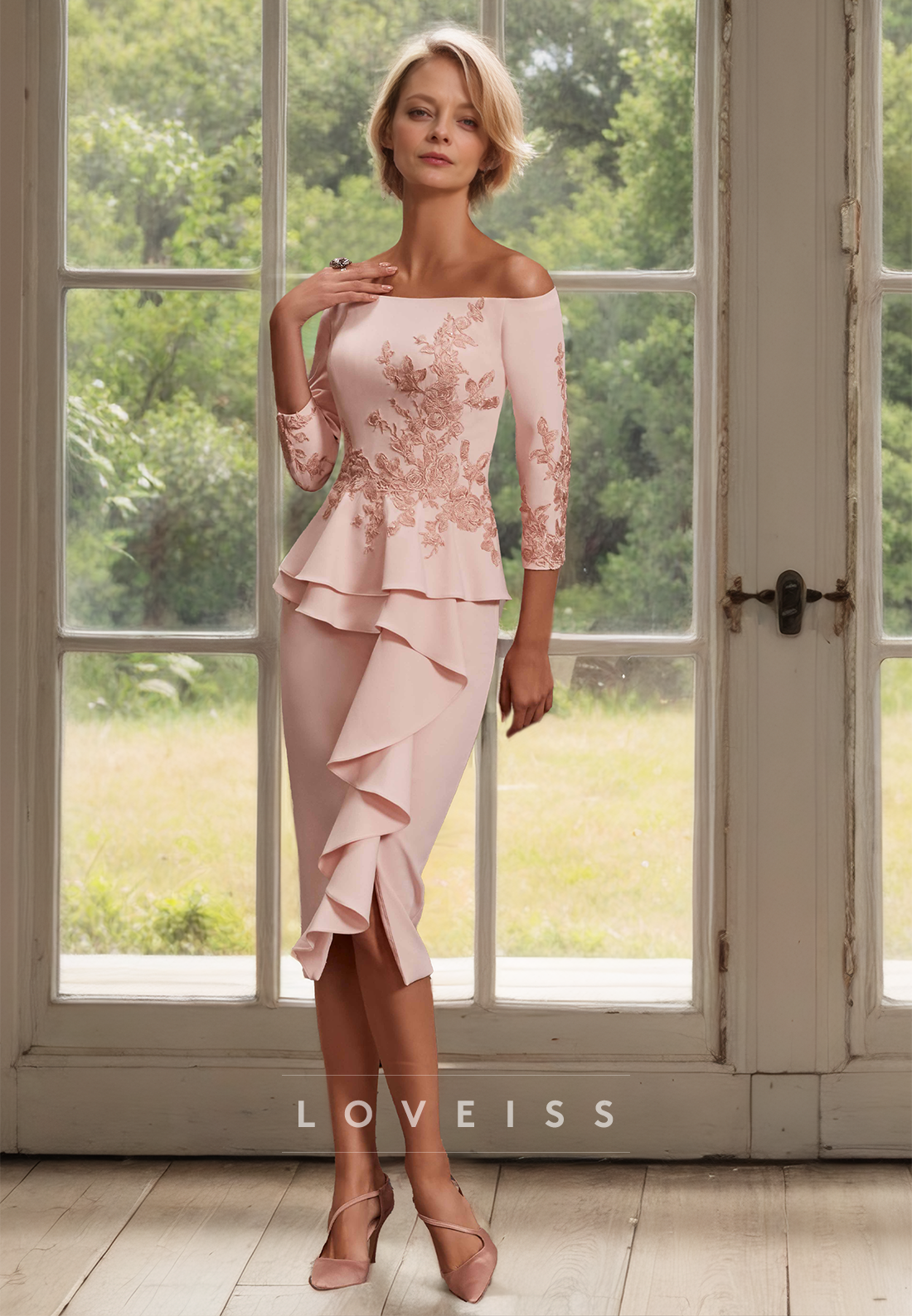 Off-Shoulder Long Sleeves Appliques Ruffled Sheath Mother of Bride Dress