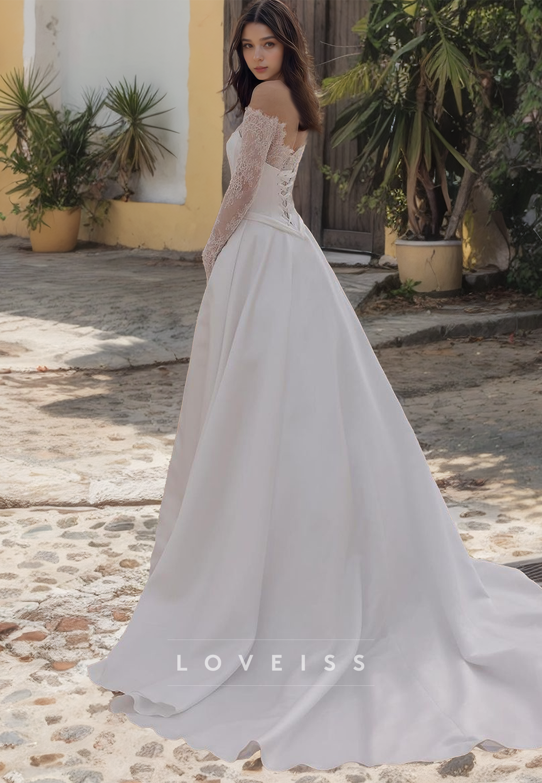 Off-Shoulder Long Sleeves Appliques Satin A-Line Wedding Dress