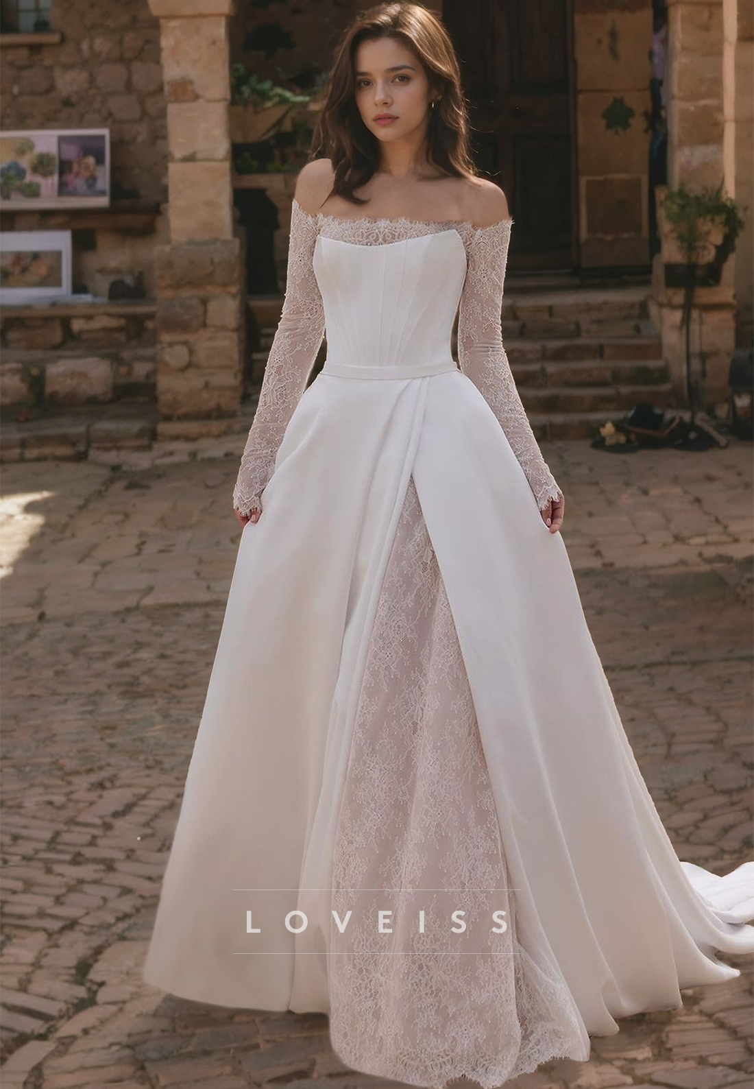 Off-Shoulder Long Sleeves Appliques Satin A-Line Wedding Dress