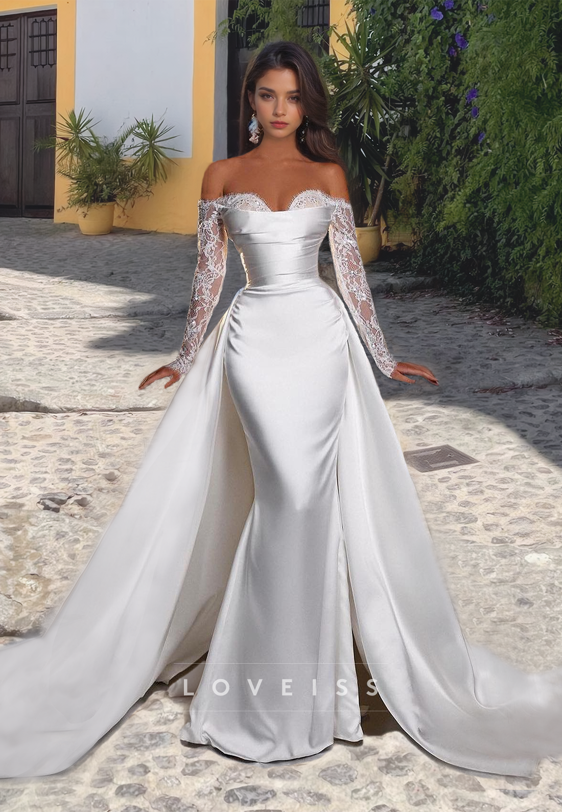 Off-Shoulder Long Sleeves Appliques Sleek Mermaid Wedding Dress Loveiss Off-Shoulder Long Sleeves Appliques Sleek Mermaid Wedding Dress Loveiss