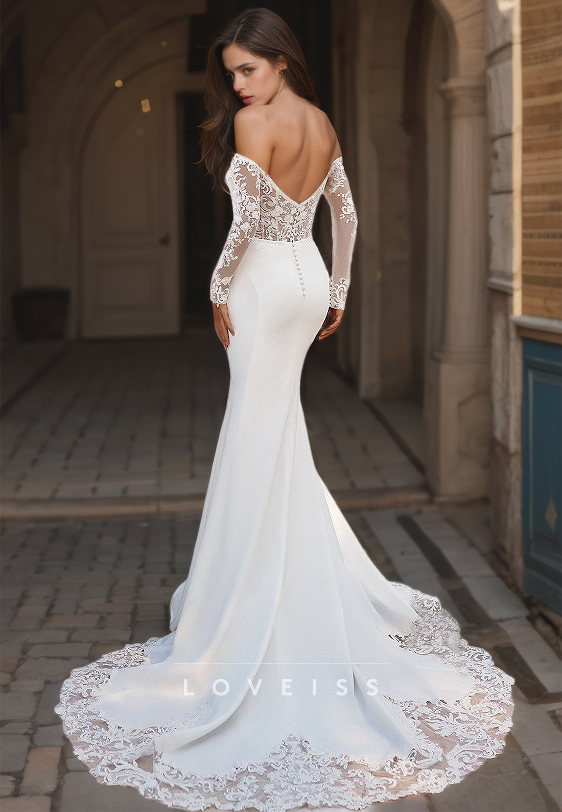 Off-Shoulder Long Sleeves Appliques Sleek Mermaid Wedding Dress