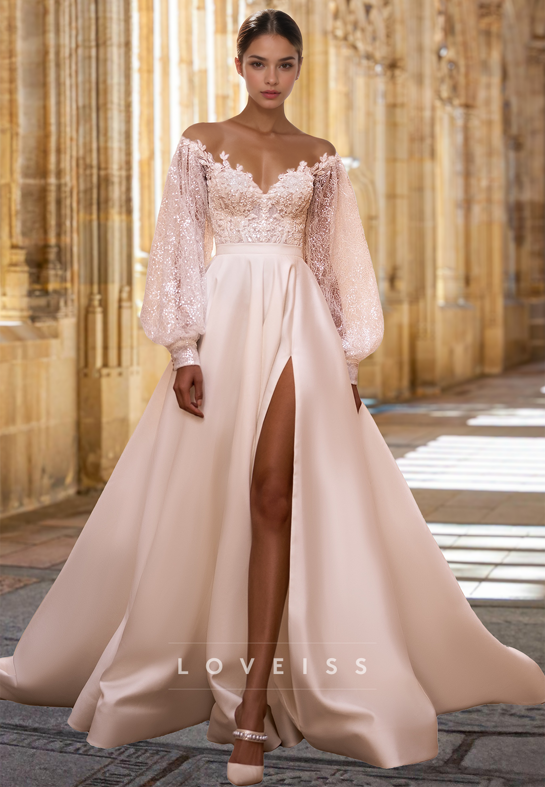 Off-Shoulder Long Sleeves Appliques Sparkly A-Line Wedding Dress Loveiss Off-Shoulder Long Sleeves Appliques Sparkly A-Line Wedding Dress Loveiss