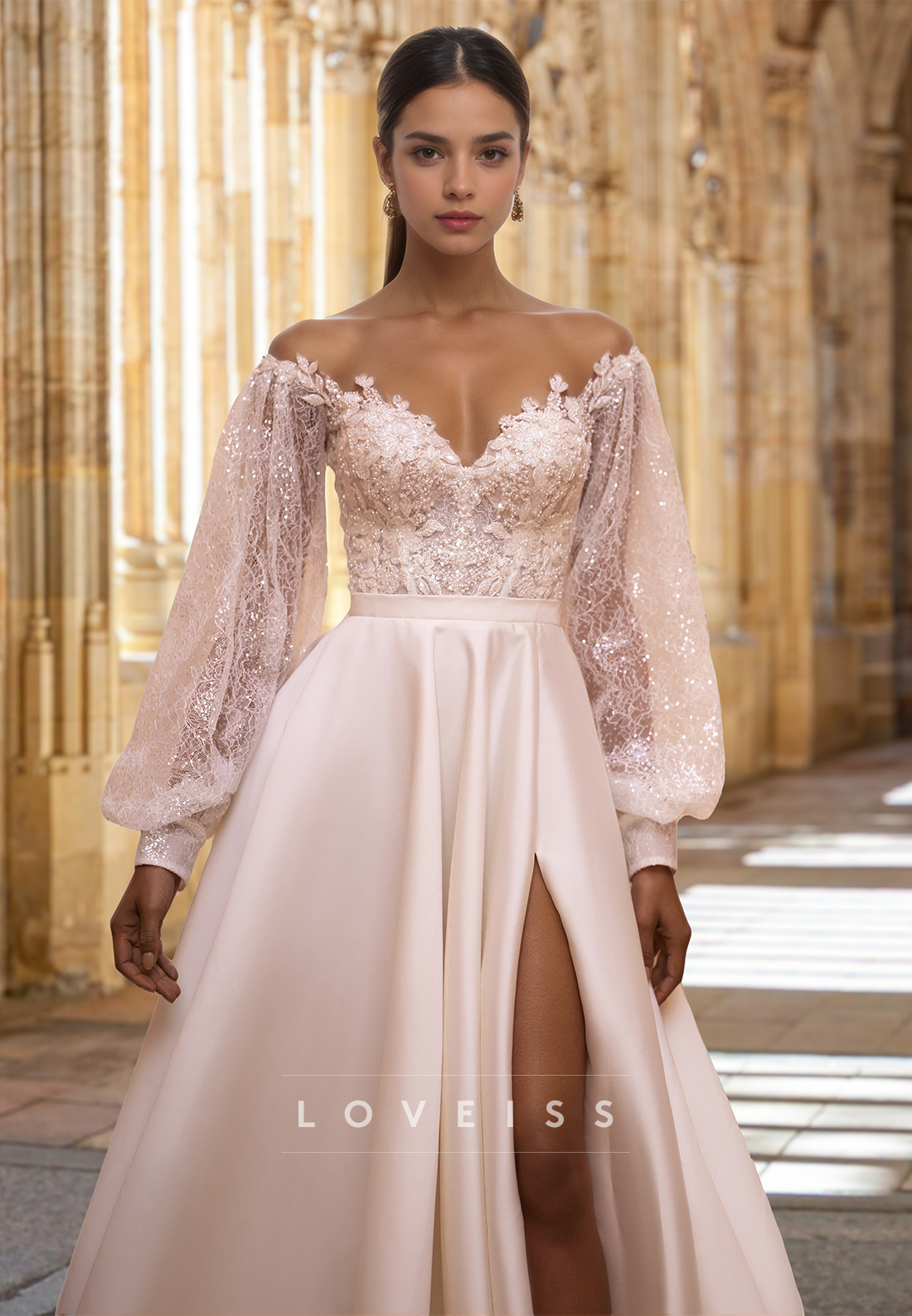 Off-Shoulder Long Sleeves Appliques Sparkly A-Line Wedding Dress