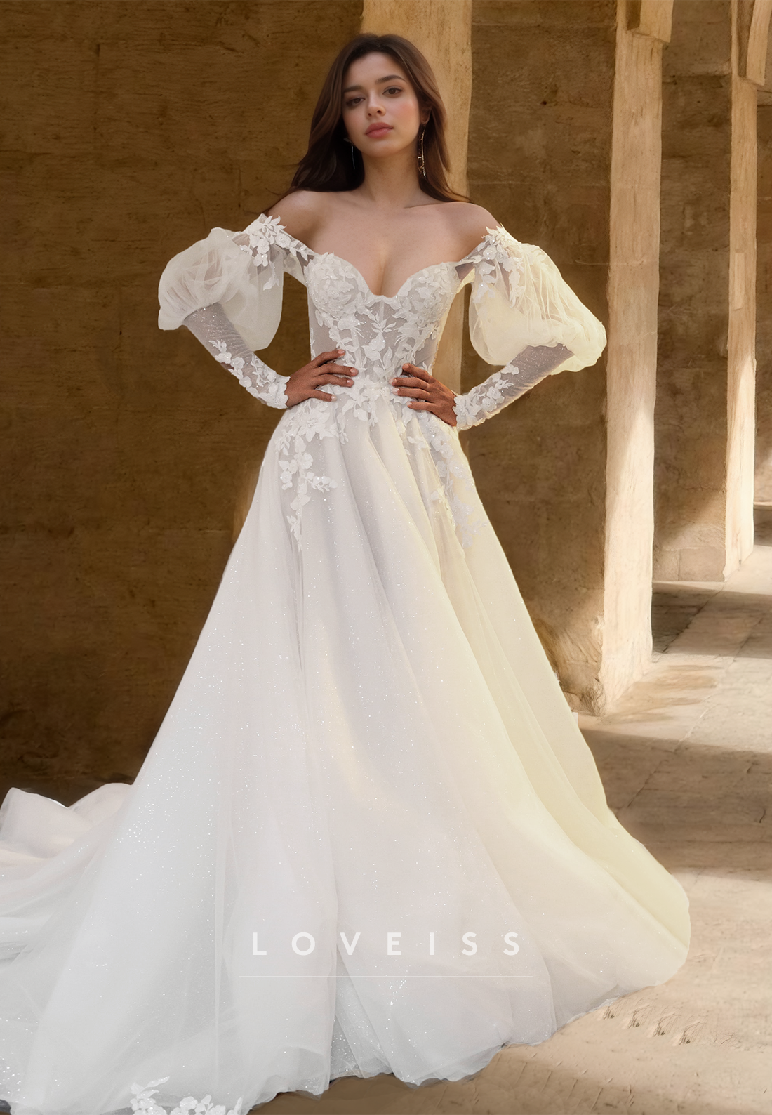 Off-Shoulder Long Sleeves Appliques Tulle A-Line Wedding Dress